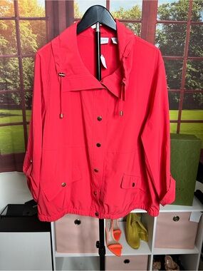 Women's Coral-Red Utility Jacket with Hooded Collar